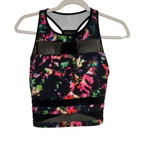 Fabletics Malina Midi Sports Bra Womens S Black Floral Mesh Racerback